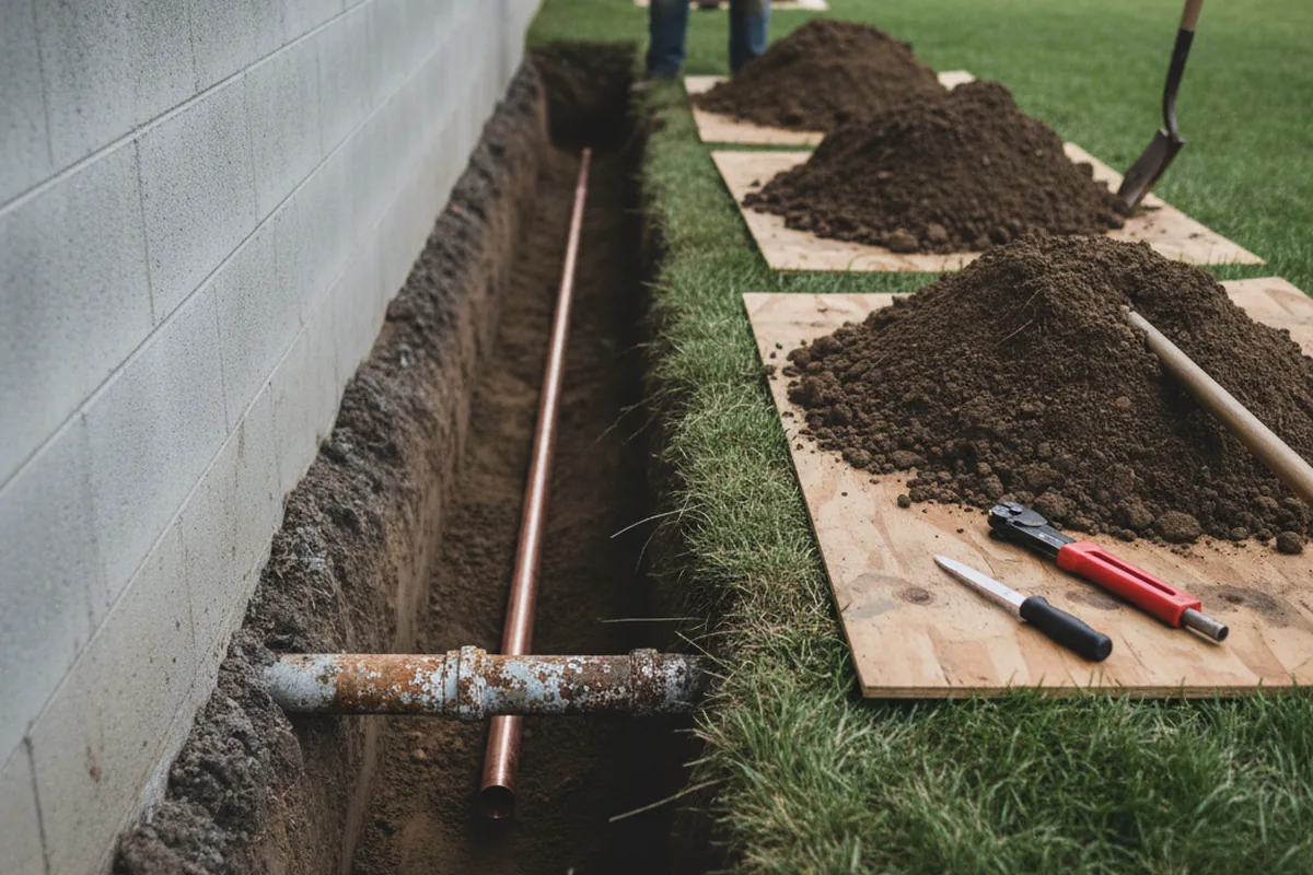 Excavated water line trench during Water Softener Installation in Saint Ann